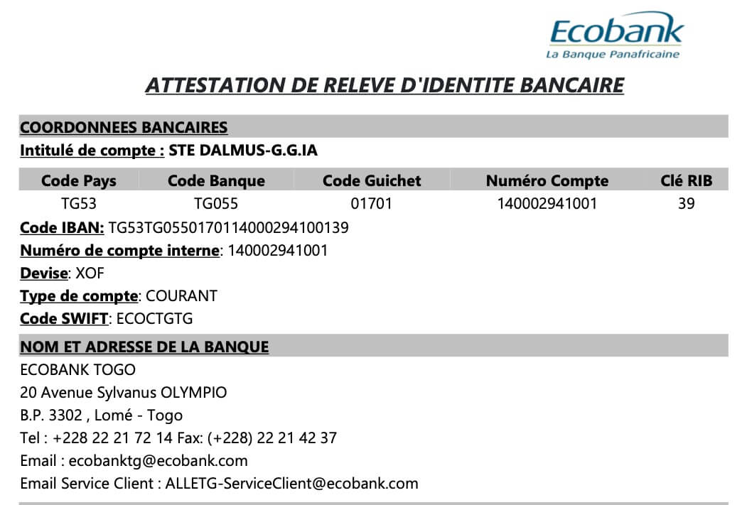Relevé d'Identité Bancaire des laboratoires GGIA,pour donner et contribuer à construire un avenir meilleur